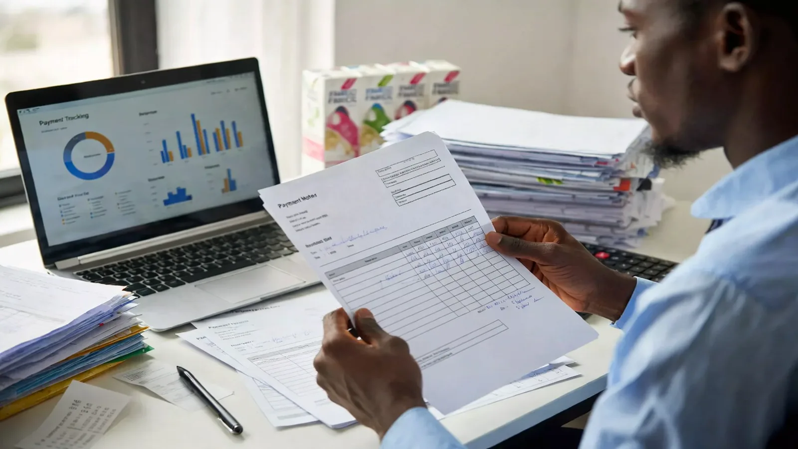 Nigerian FMCG operations officer reviewing invoices and payment collection tracking
