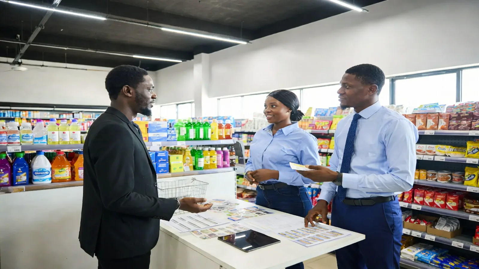 Nigerian supermarket manager discussing product listing and supply terms with FMCG representative