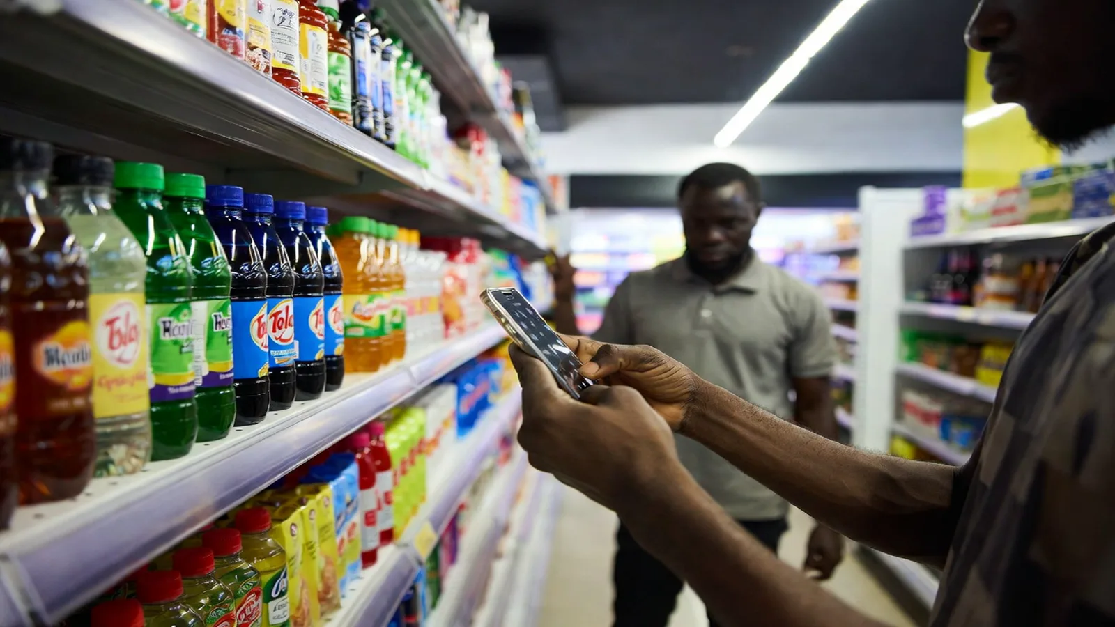 Nigerian retail execution staff recording shelf status during a supermarket store visit