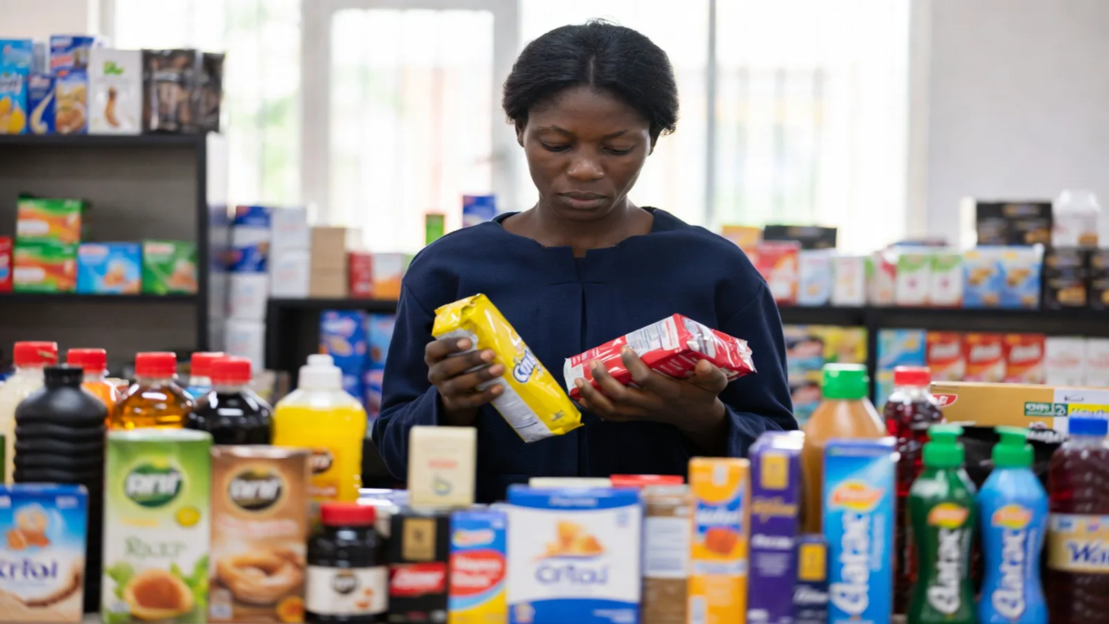 Nigerian supermarket buyer reviewing new FMCG product samples for possible listing