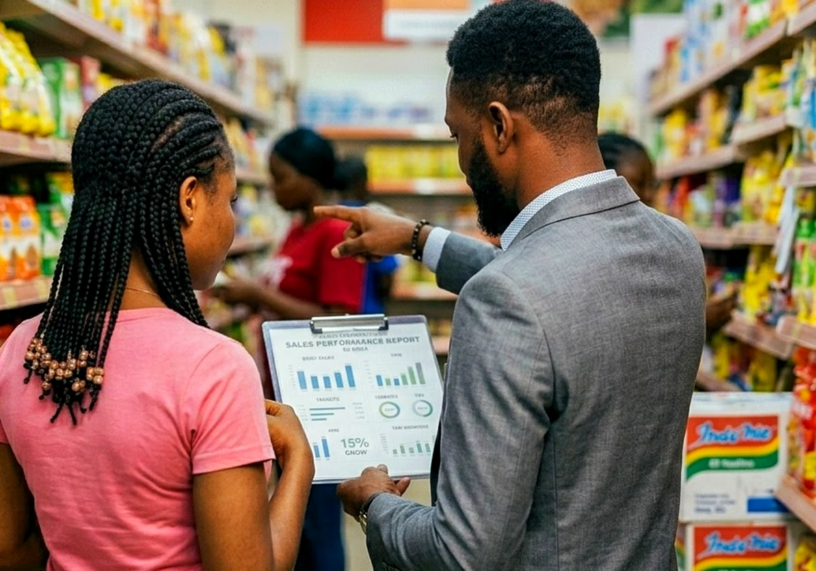 Nigerian retail team reviewing performance reports in-store