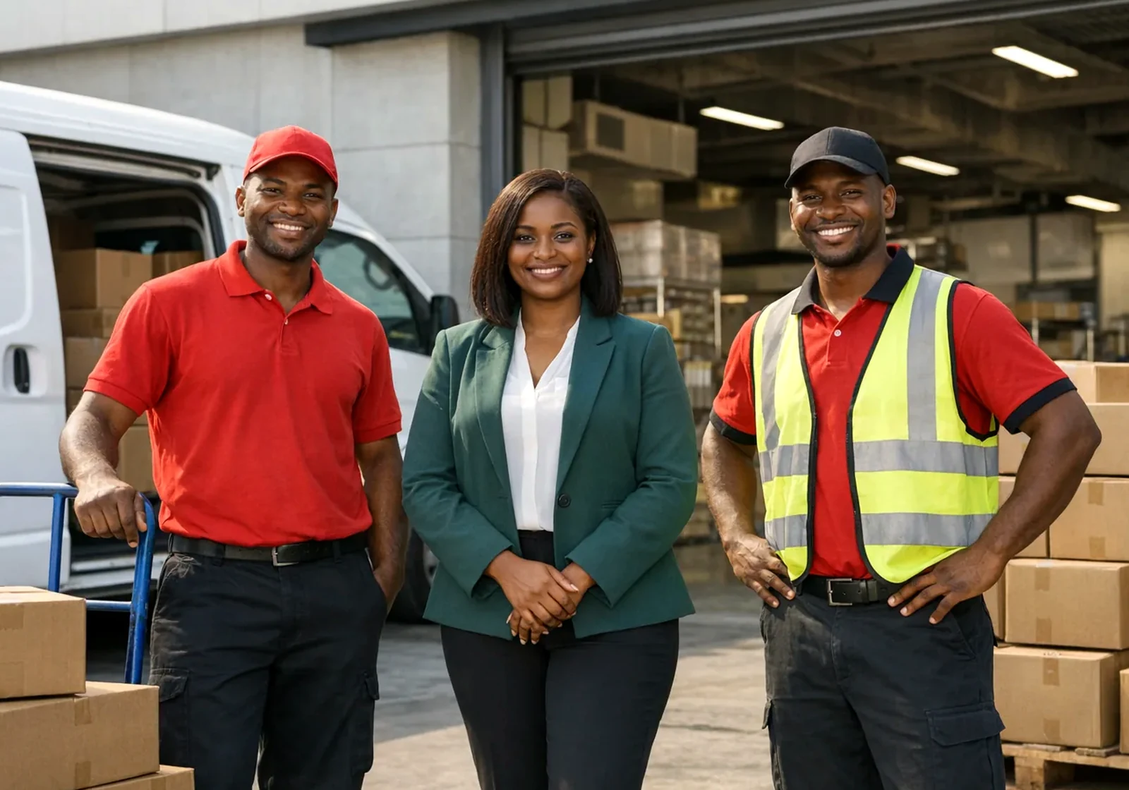 Nigerian founder and operations team standing in a logistics environment